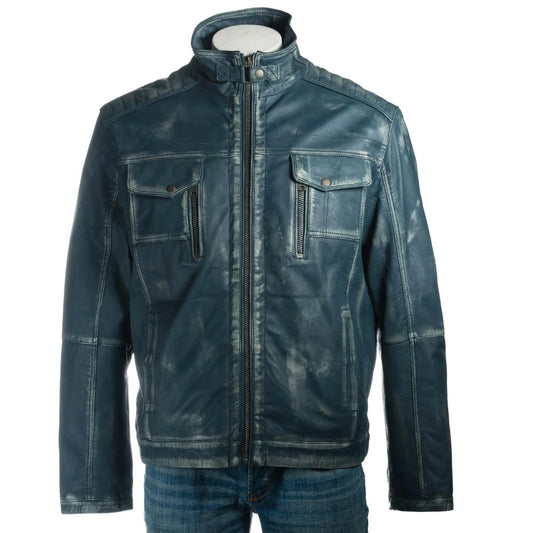 Men Blue Vintage Biker Style Leather Jacket 
