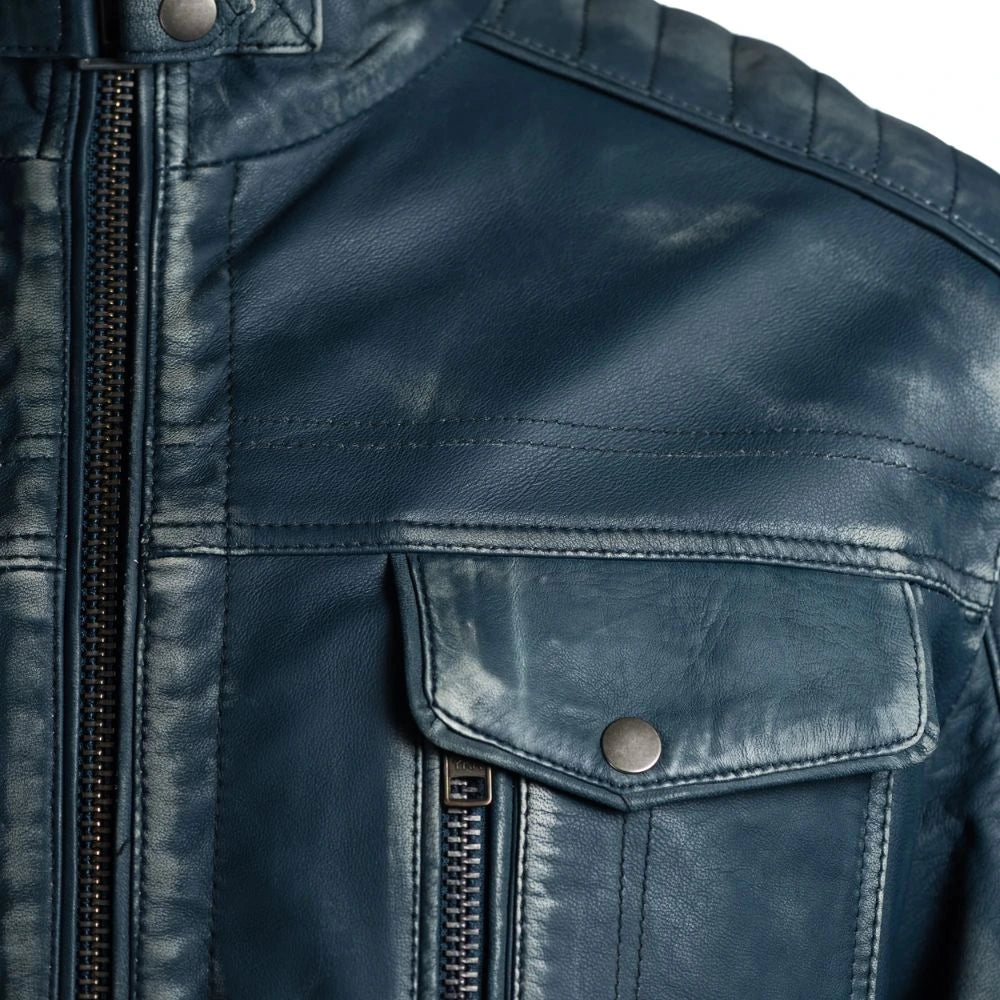 Men Blue Vintage Biker Style Leather Jacket 