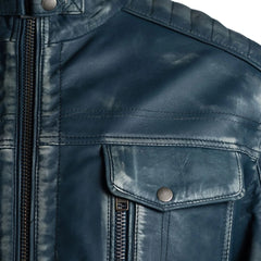 Men Blue Vintage Biker Style Leather Jacket 