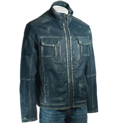 Men Blue Vintage Biker Style Leather Jacket 