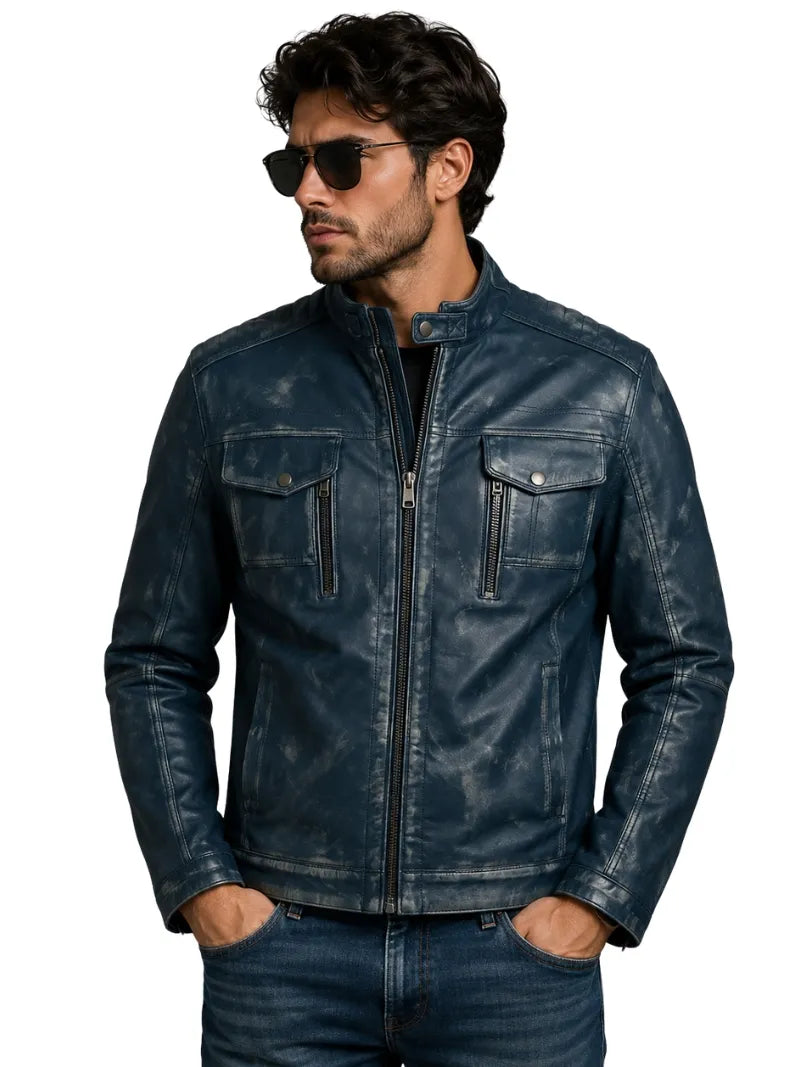 Men's Blue Vintage Style Leather Jacket, closure detail