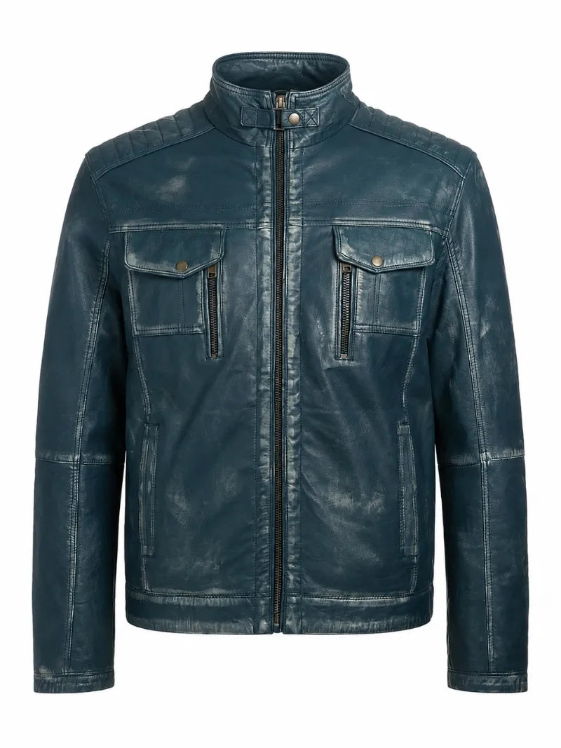Men's Blue Vintage Style Leather Jacket, front view