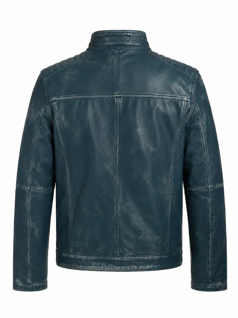 Men's Blue Vintage Style Leather Jacket, collar detail