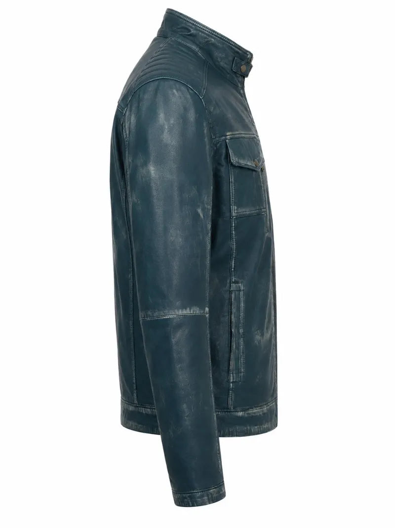Men's Blue Vintage Style Leather Jacket, back view