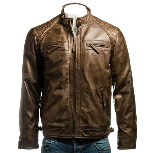 Men Brown Diamond Shoulder Biker Leather Jacket