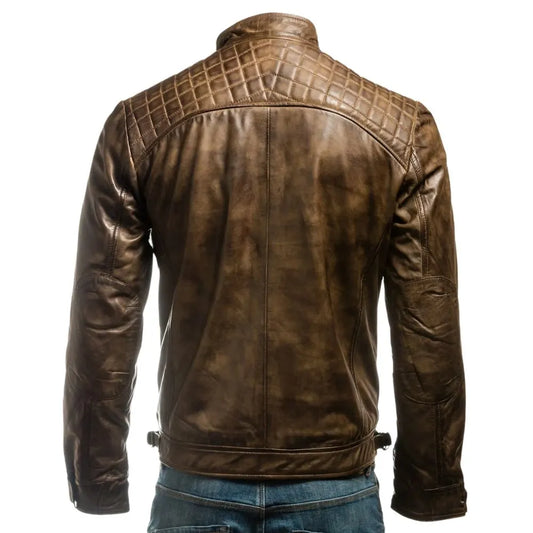 Men Brown Diamond Shoulder Biker Leather Jacket