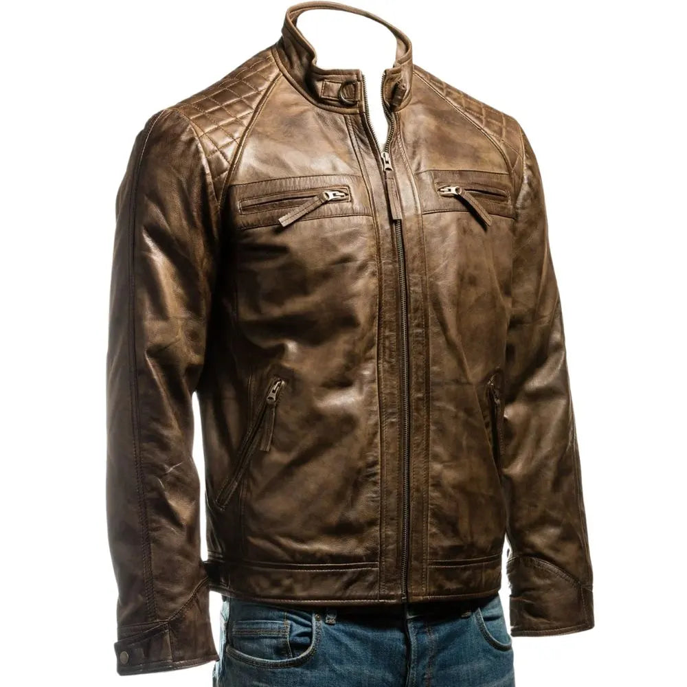 Men Brown Diamond Shoulder Biker Leather Jacket