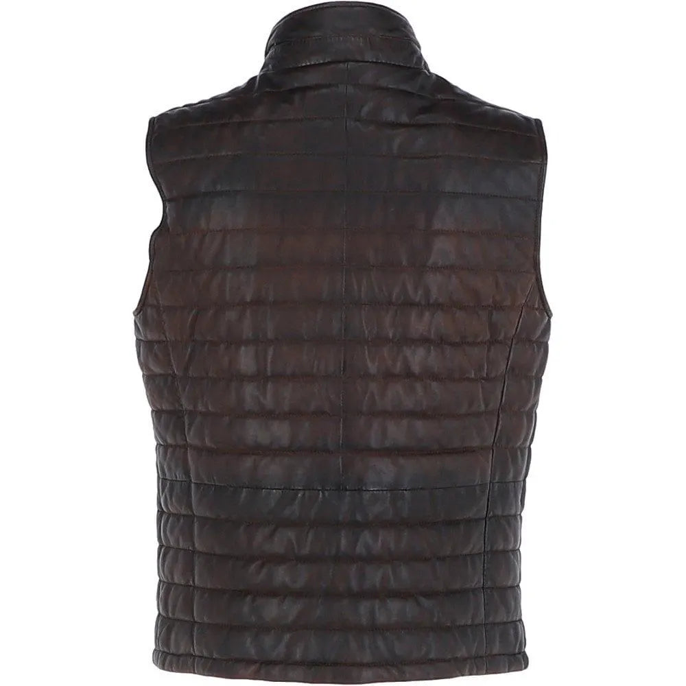 Men Brown Leather Bubble Gilets Vest