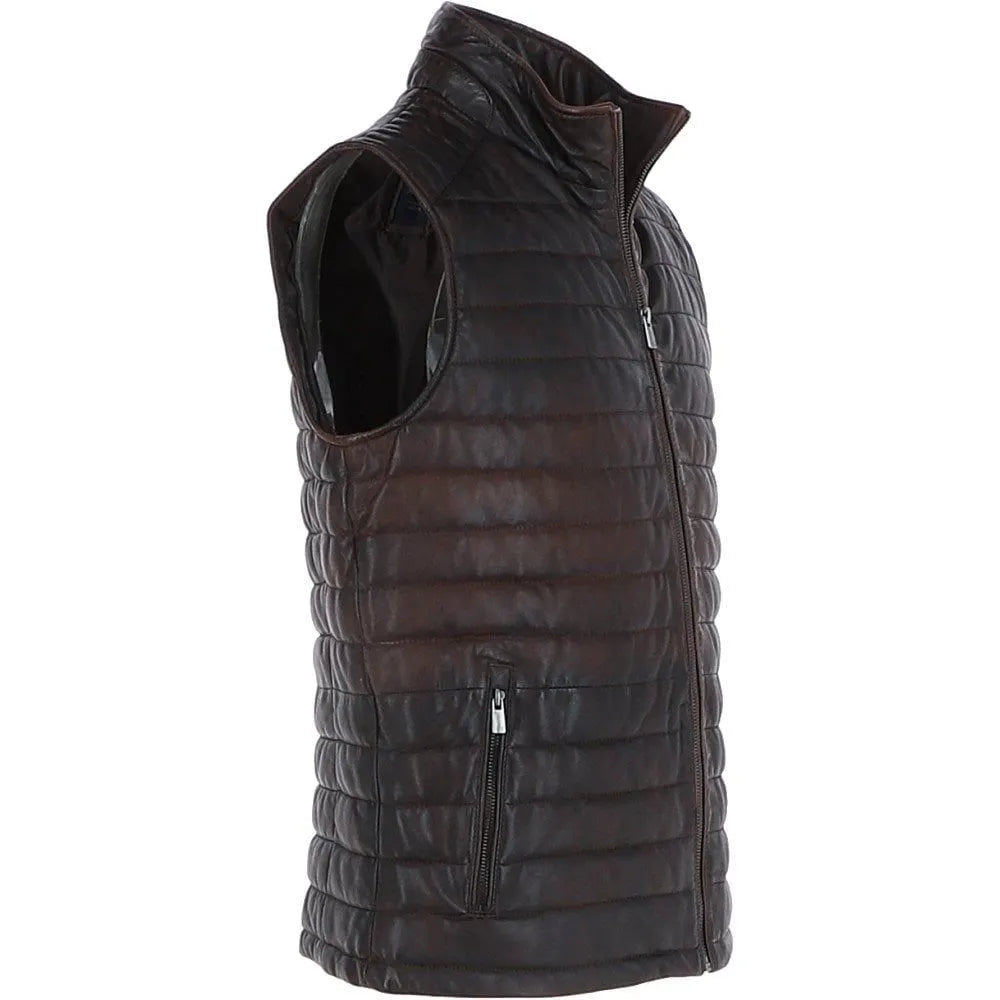 Men Brown Leather Bubble Gilets Vest