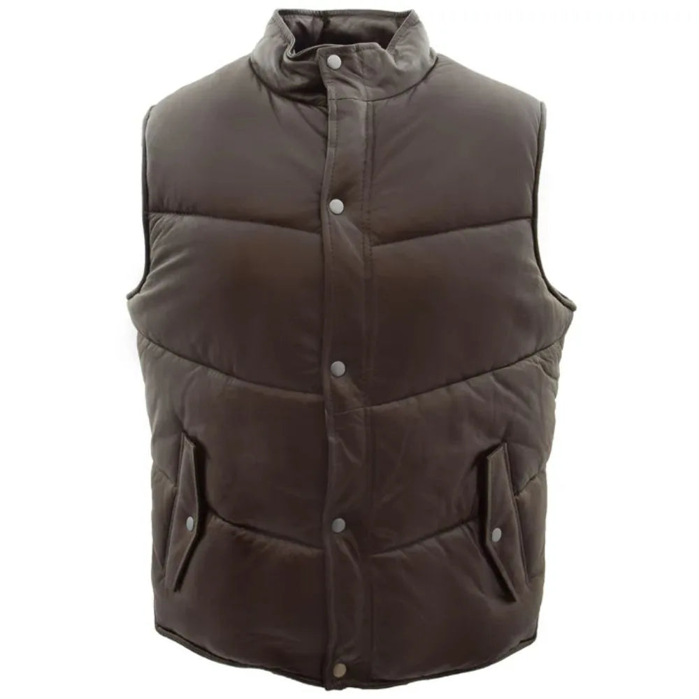 Men Brown Leather Puffer Vest 