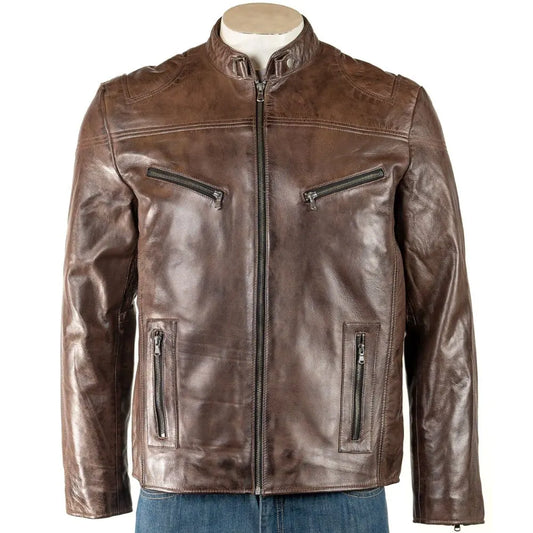 Men Brown Stitch Biker Style Leather Jacket