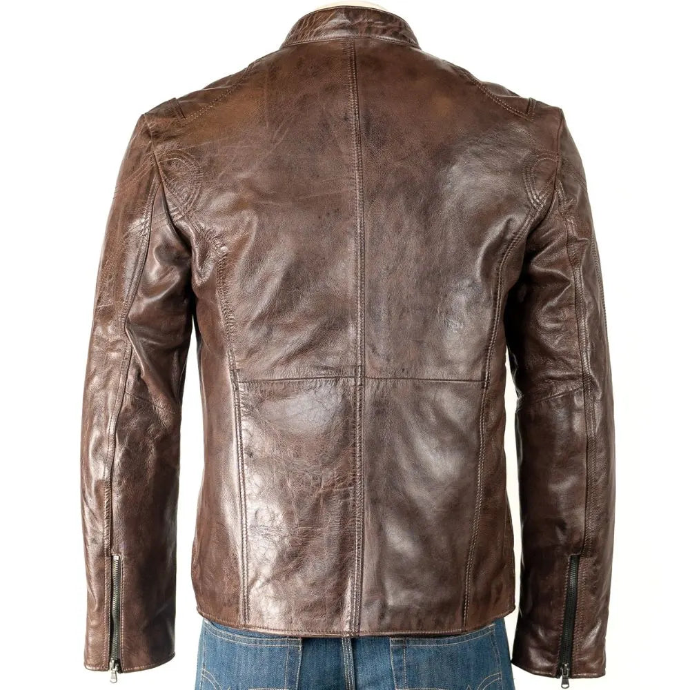 Men Brown Stitch Biker Style Leather Jacket