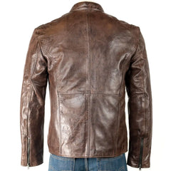 Men Brown Stitch Biker Style Leather Jacket