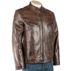 Men Brown Stitch Biker Style Leather Jacket