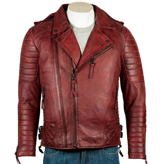 Men Burgundy Diamond Stitch Biker Style Leather Jacket