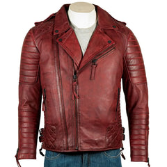 Men Burgundy Diamond Stitch Biker Style Leather Jacket