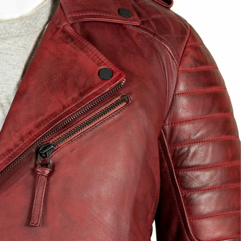 Men Burgundy Diamond Stitch Biker Style Leather Jacket