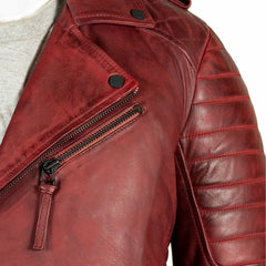 Men Burgundy Diamond Stitch Biker Style Leather Jacket
