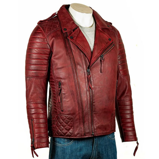 Men Burgundy Diamond Stitch Leather Jacket