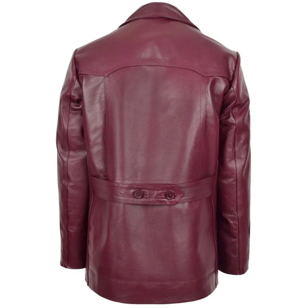Men Burgundy Leather Peacoat 