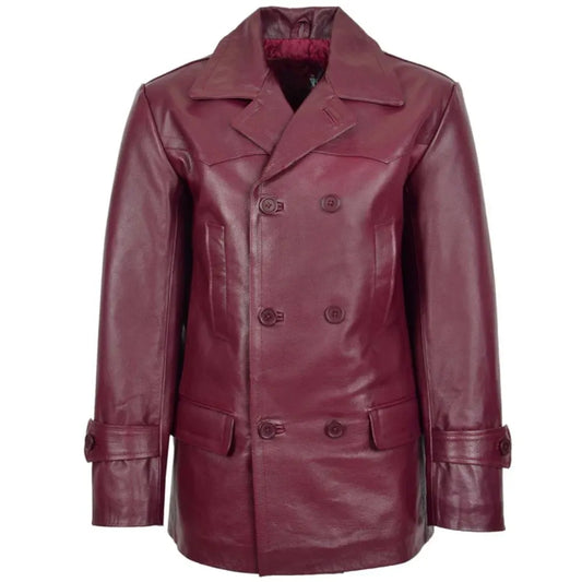 Men Burgundy Leather Peacoat 