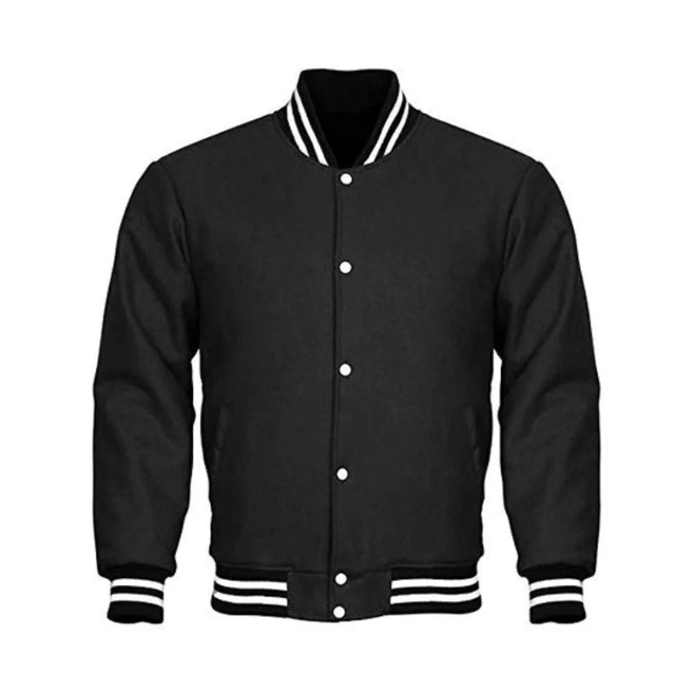 Men Classic Black Fleece Varsity Jacket