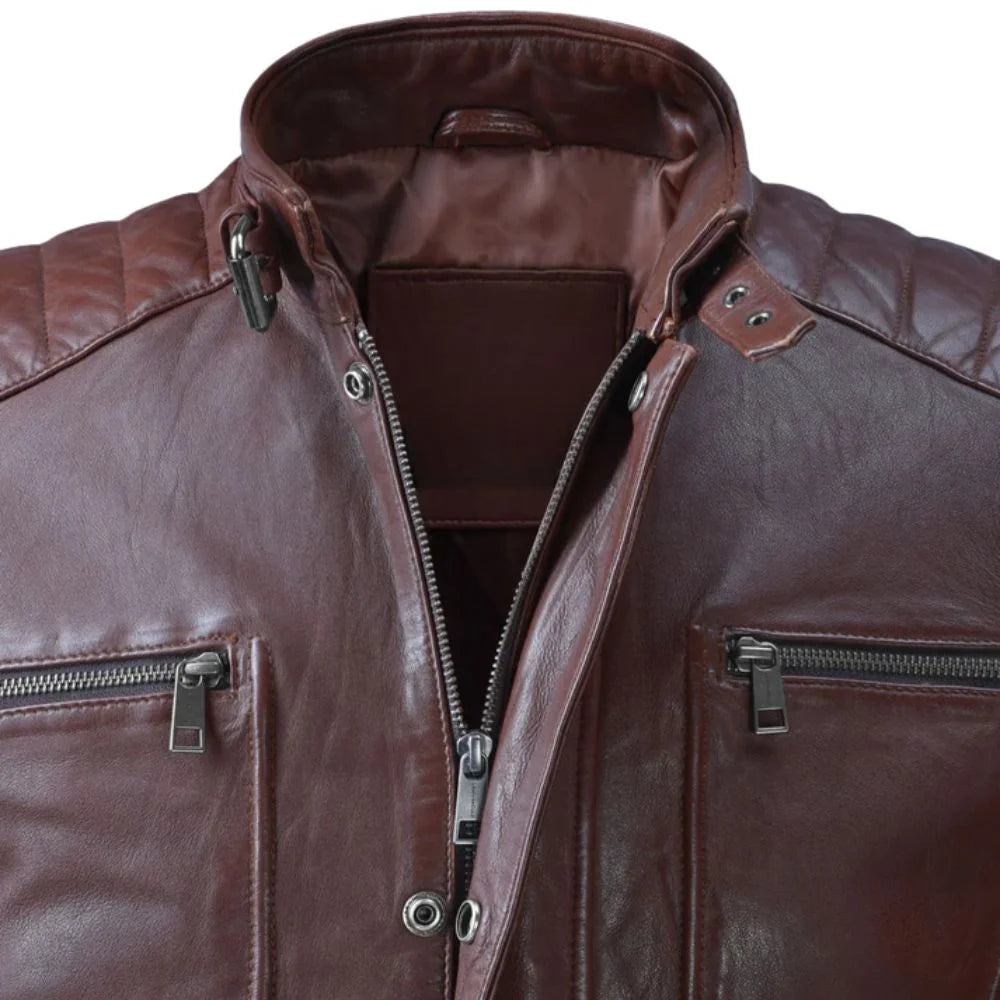 Men Classic Burgundy Quilted Leather Jacket