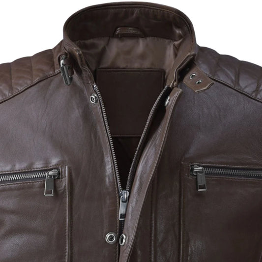 Men Classic Dark Brown Quilted Leather Jacket