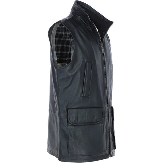 Men Classic Zip-Up Hand Made Black Leather Vest