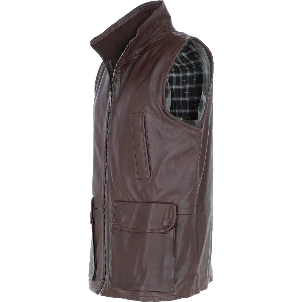 Men Classic Zip Up Light Brown Leather Vest 