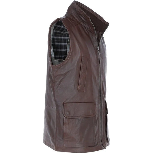 Men Classic Zip Up Light Brown Leather Vest 