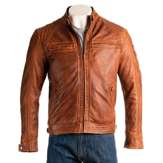 Men Cognac Diamond Shoulder Biker Style Leather Jacket
