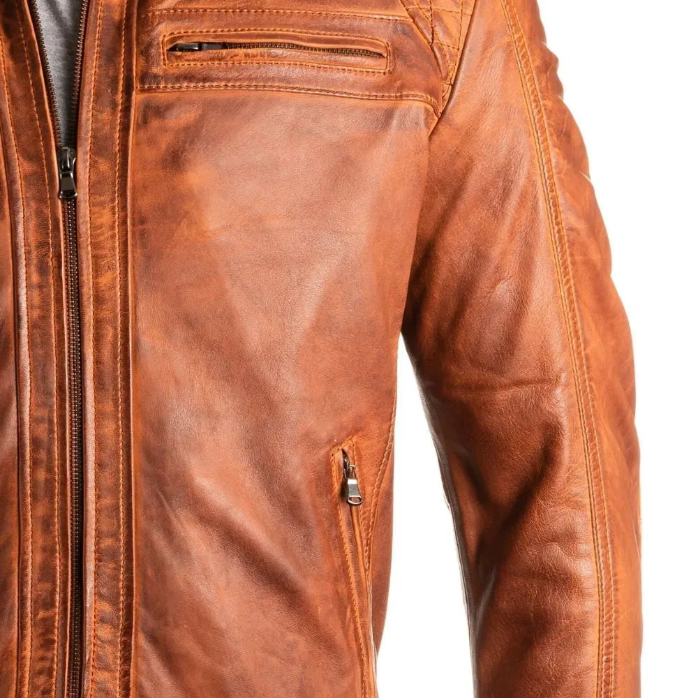 Men Cognac Diamond Shoulder Biker Style Leather Jacket