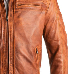 Men Cognac Diamond Shoulder Biker Style Leather Jacket