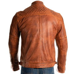 Men Cognac Diamond Shoulder Biker Style Leather Jacket