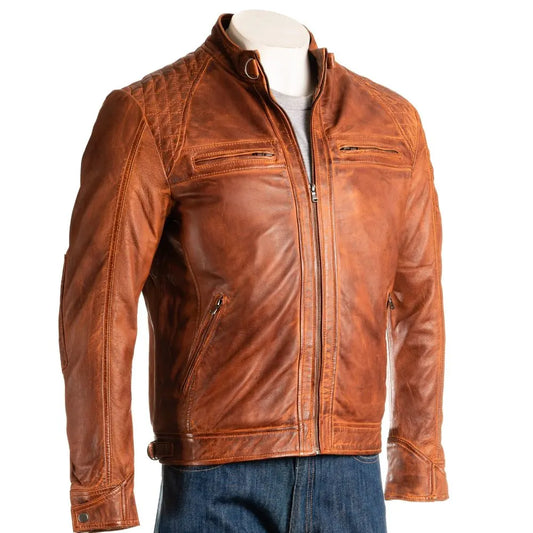 Men Cognac Diamond Shoulder Biker Style Leather Jacket