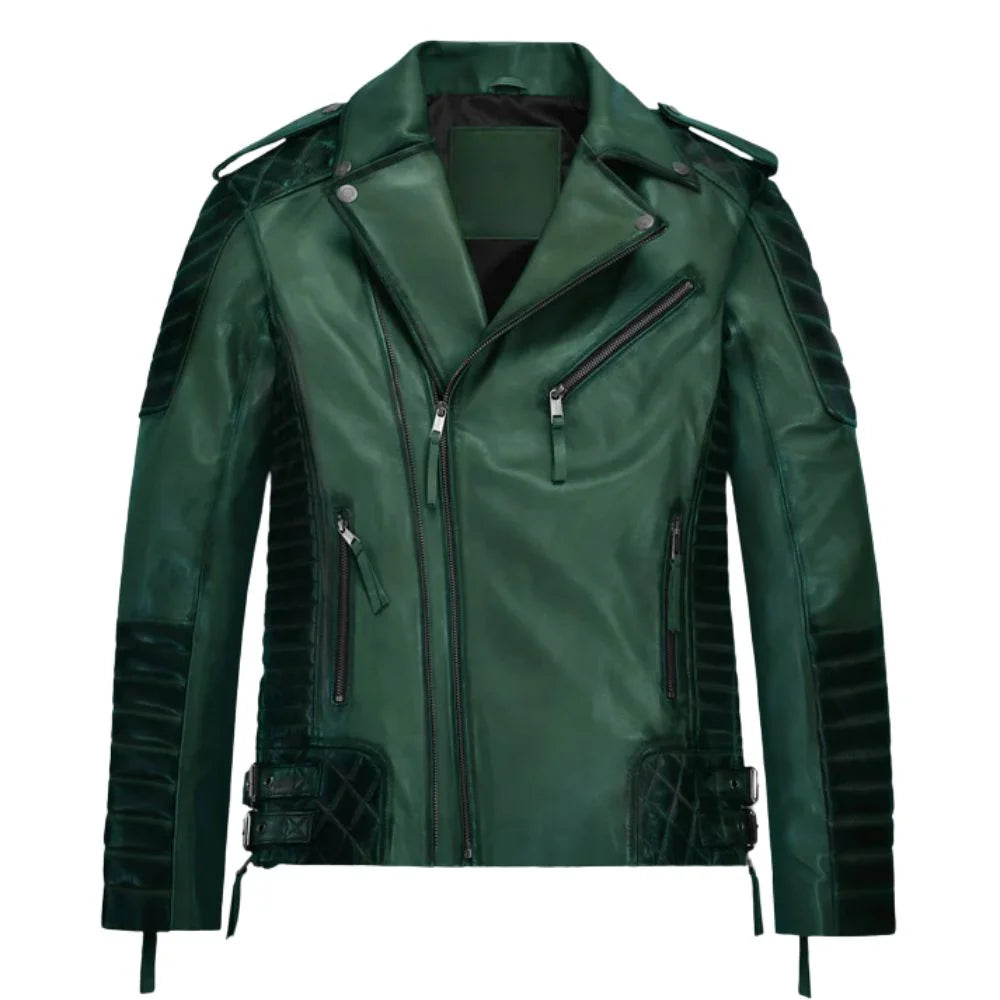 Men Green Quilted Leather Jacket