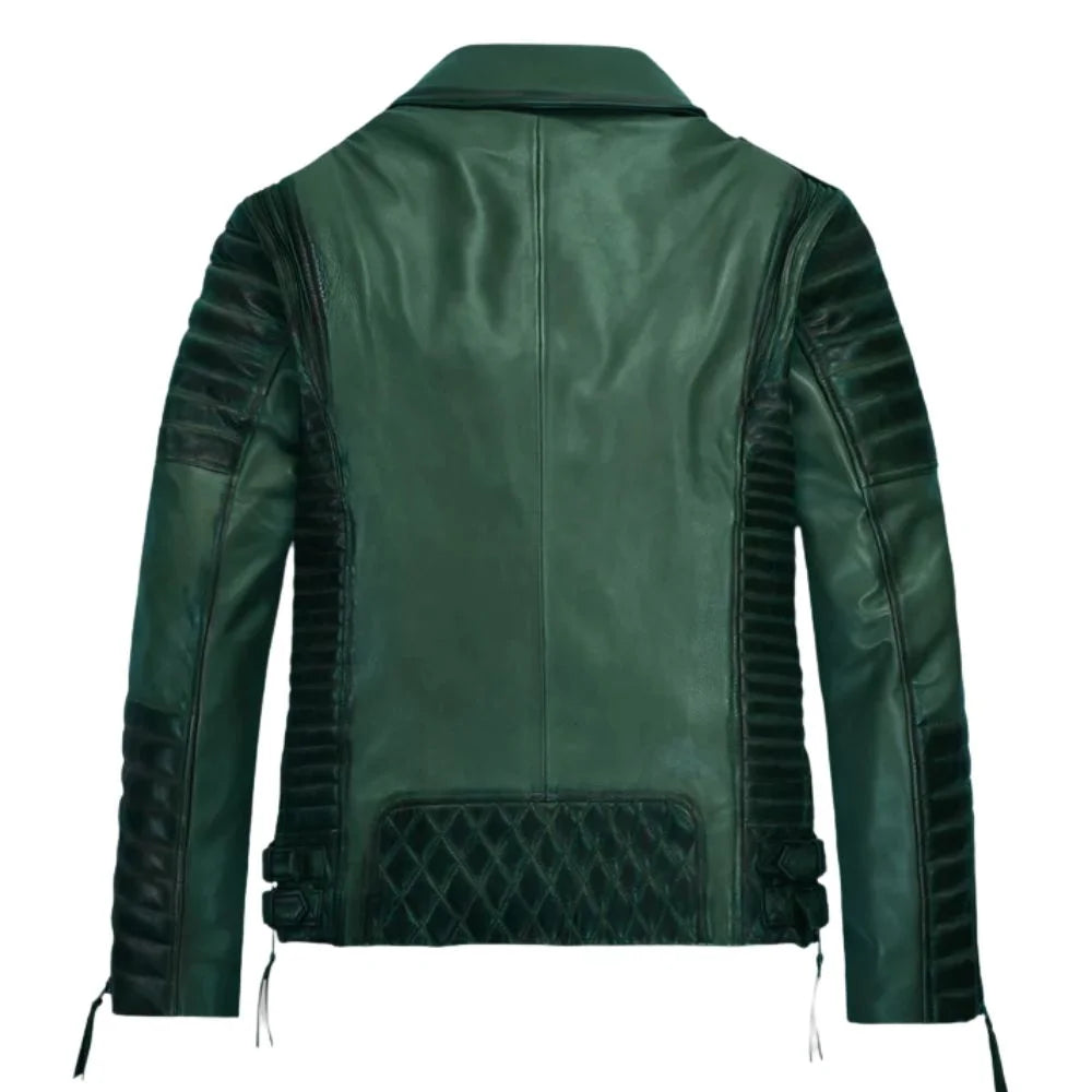Men Green Quilted Leather Jacket