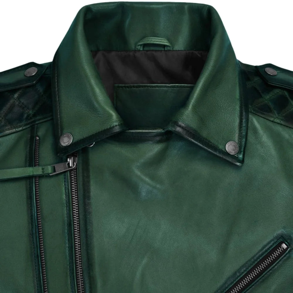 Men Green Quilted Leather Jacket