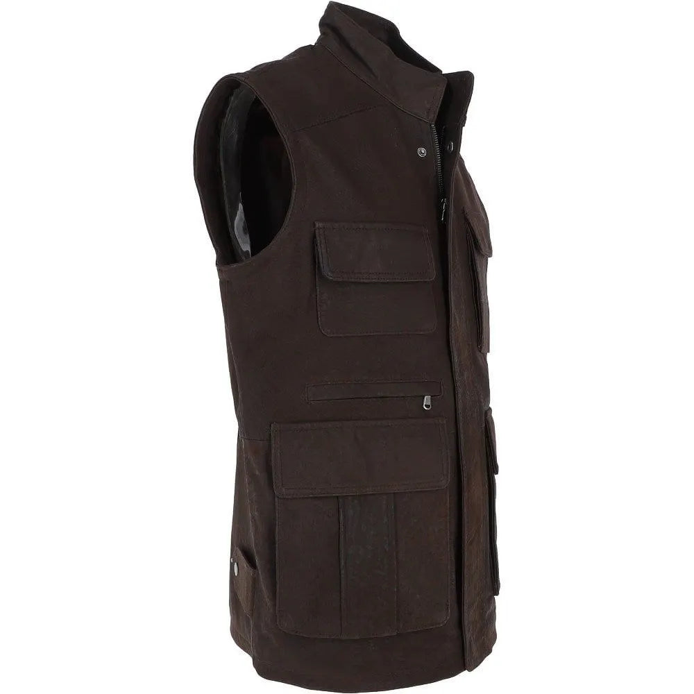 Men Handmade Brown Leather Eight Pocket Vest
