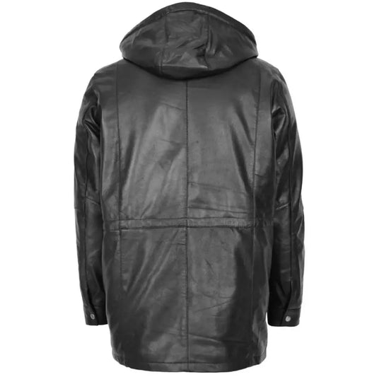 Men Hooded Black Leather Duffle Coat 