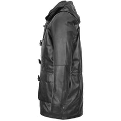 Men Hooded Black Leather Duffle Coat 