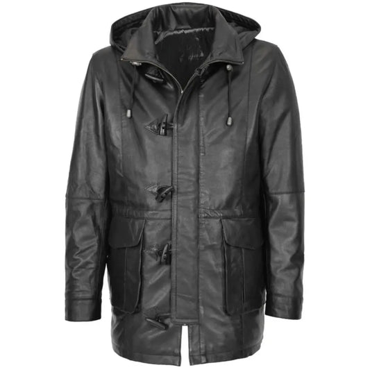 Men Hooded Black Leather Duffle Coat 