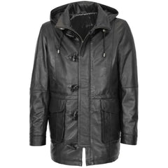 Men Hooded Black Leather Duffle Coat 