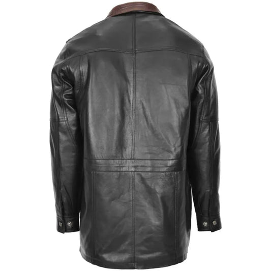 Men Leather Black Brown Trim Winter Coat 