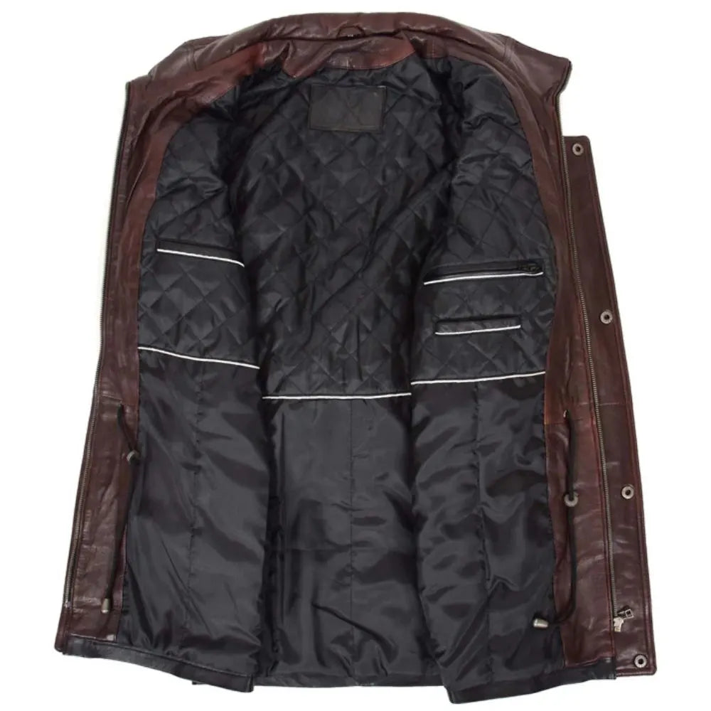 Men Leather Black Brown Trim Winter Coat 