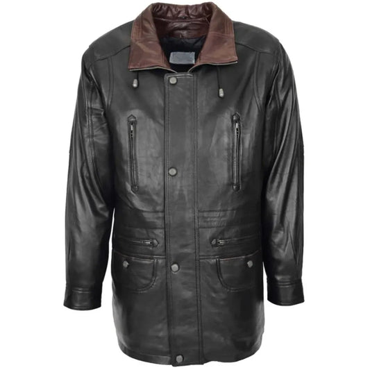 Men Leather Black Brown Trim Winter Coat 