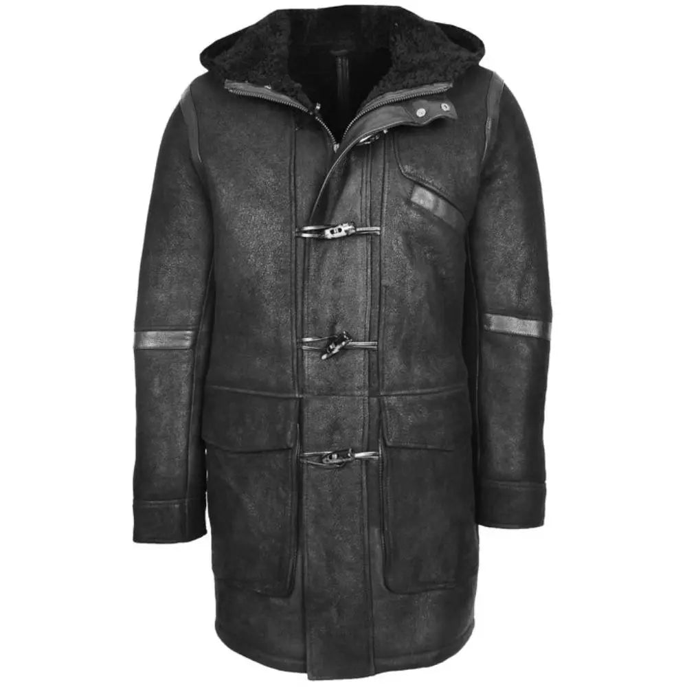 Men's Leather Black Winter Duffle Coat