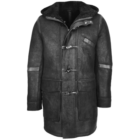 Men Leather Black Winter Duffle Coat