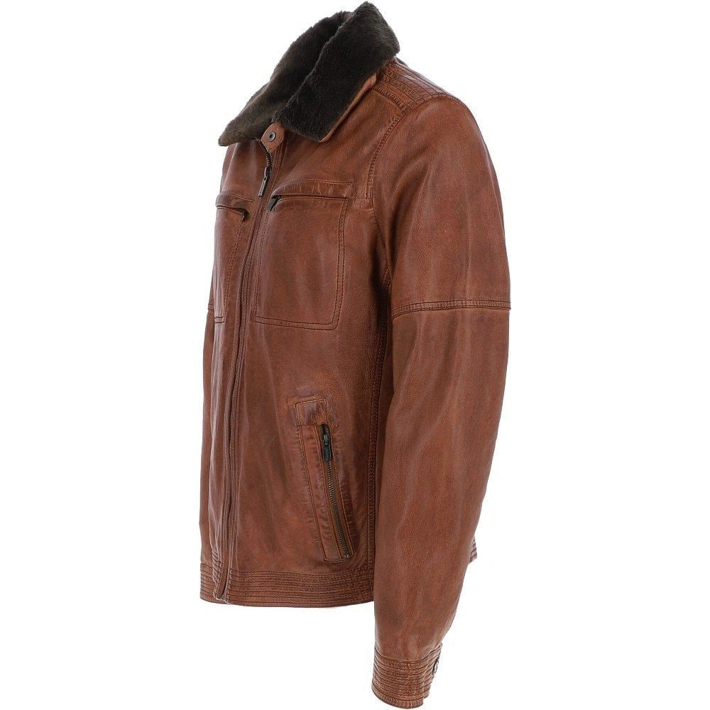 Men Leather Detachable Collar Cognac Biker Jacket 